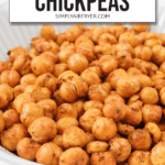 crispy chickpeas in white bowl with text overlay saying "crispy air fryer chickpeas"