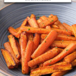 cooked carrot sticks in blue bowl with text overlay 