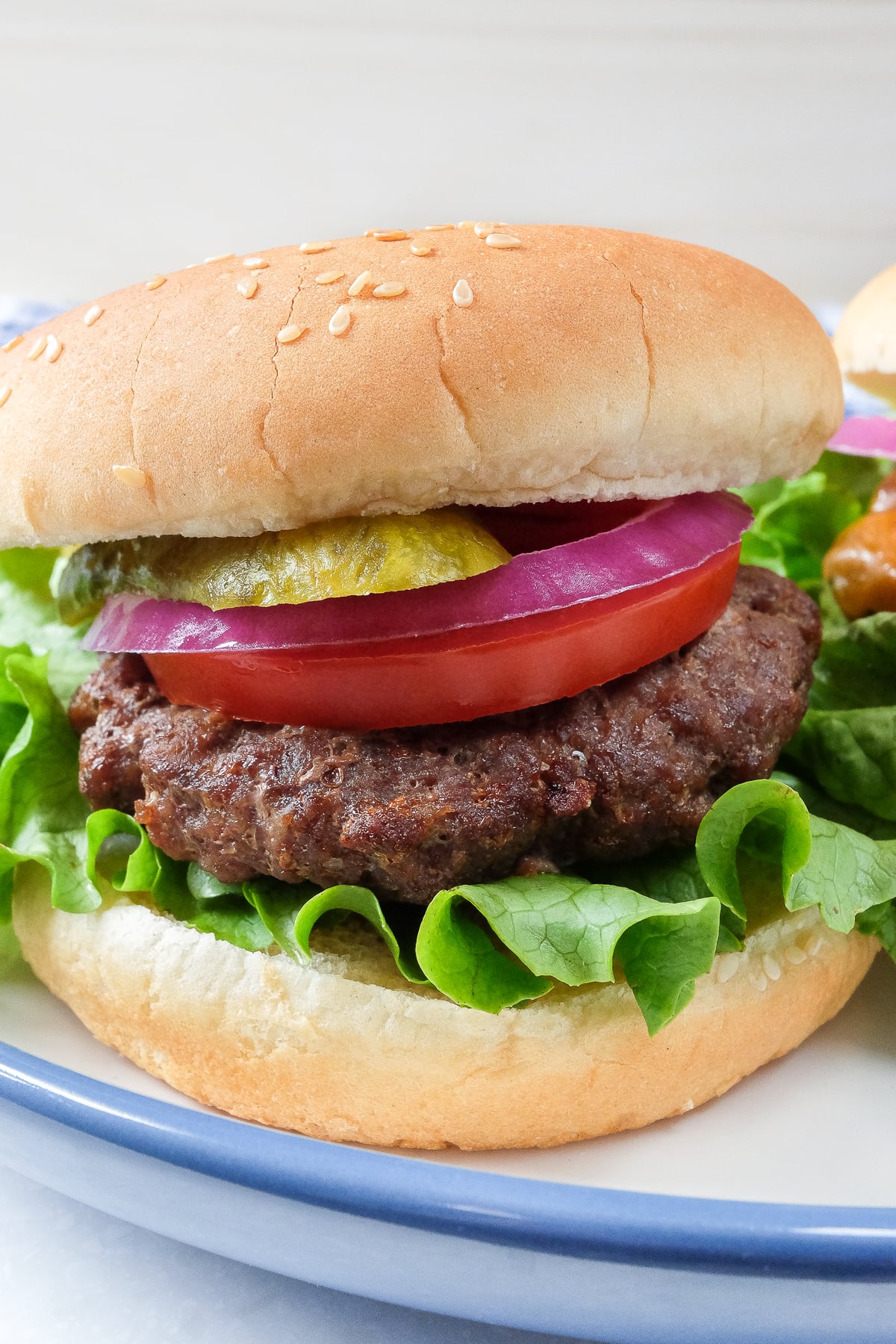 cooked hamburgers with bun on large blue plate