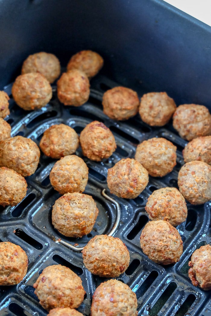 cooked meatballs from frozen in metal air fryer tray