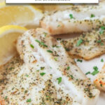 cooked white fish on plate with text overlay "frozen fish fillets in the air fryer".