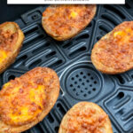 potato skins with crispy top in black air fryer basket with text overlay 