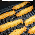 shrimp tempura in black air fryer basket with text overlay 