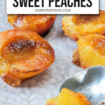 air fried peach halves on plate with text overlay 