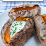 cooked sweet potatoes with toppings on white plate and text overlay 