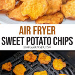 sweet potato chips on plate and in air fryer with text overlay "air fryer sweet potato chips".