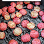 cooked radishes in black air fryer with text overlay 