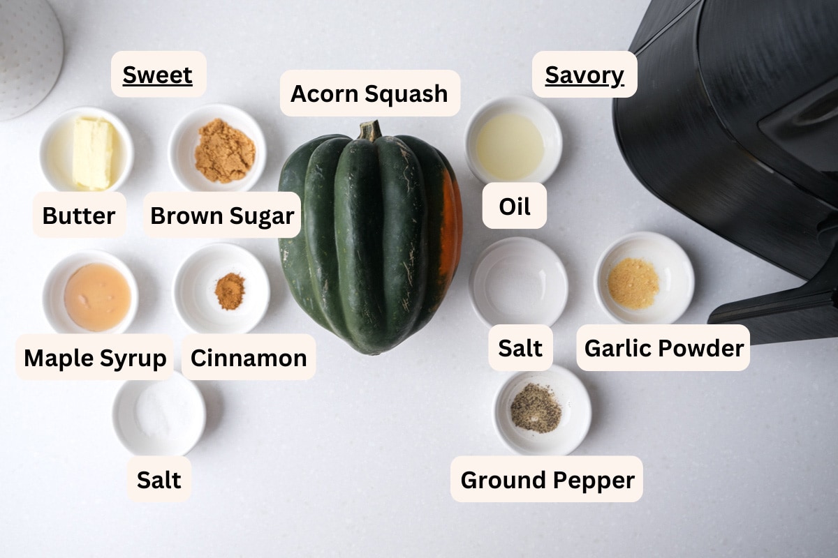 ingredients for sweet and savory acorn squash on white counter top with labels.