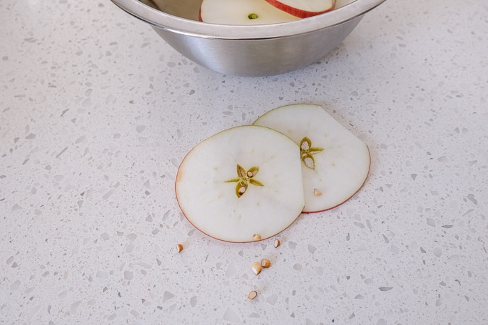 apple slices on white counter top