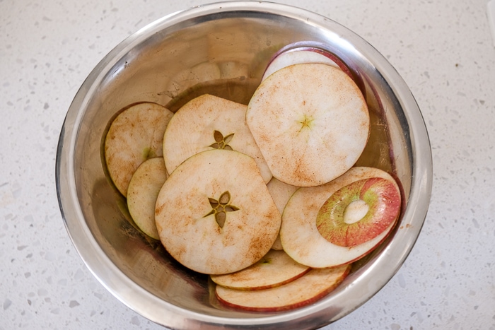 apple slices in metallic bowl on white counter top