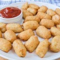 veggie tots on white plate with ketchup dipping sauce