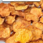 sweet potato chips on plate with text overlay "sweet potato chips in the air fryer".
