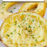 cooked spaghetti squash rings on plate with chopped parsley on top and text overlay "spaghetti squash rings in the air fryer".