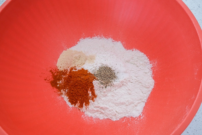 dry spices in red plastic mixing bowl on white counter