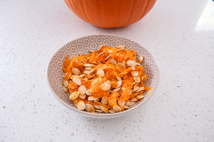 pumpkin seeds in guts in bowl on white counter with pumpkin behind