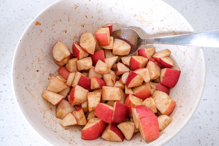 apples pieces covered in cinnamon mix in white bowl with silver spoon beside
