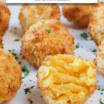 breaded mac and cheese balls on white plate with text overlay "mac & cheese balls in the air fryer".