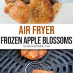 apple blossoms with fork on plate and in air fryer with text overlay "air fryer frozen apple blossoms".