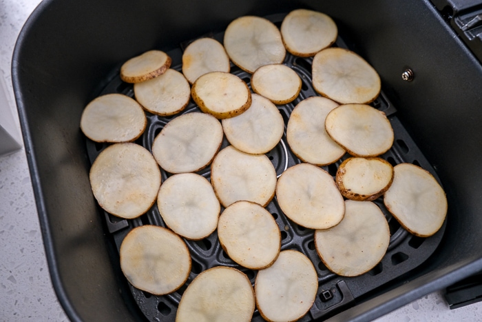potato spices in black air fryer tray on counter top.