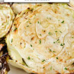 cooked cabbage steaks on white plate with text overlay "cabbage steaks in the air fryer".