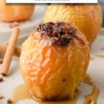 baked apples on plate with cinnamon sticks and text overlay "baked apples in the air fryer".