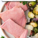 pieces of ham steak on plate with text overlay "ham steak in the air fryer".