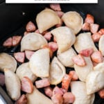 pierogies and kielbasa in air fryer with text overlay "kielbasa & pierogies in the air fryer".
