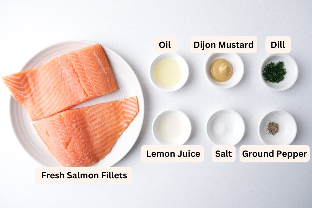 ingredients to make air fryer salmon like fillets and spices on white counter with labels.