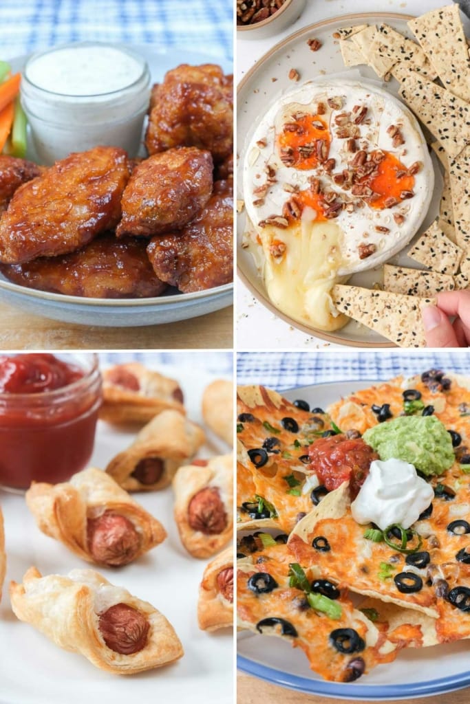 collage of different foods good for super bowl made in the air fryer like frozen chicken wings and nachos.