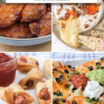 phot collage of chicken wings, baked brie, pigs in a blanket and nachos with text overlay "game day recipes in the air fryer".