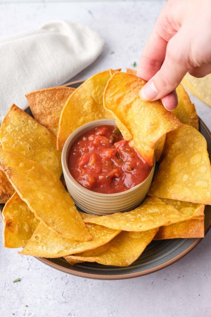 crispy tortilla chips arranged around bowl of red salsa with hand dipping one chip in.