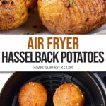 cooked hasselback potatoes on plate and raw ones in air fryer with text overlay 