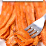 cooked carrot bacon on plate with fork and text overlay 