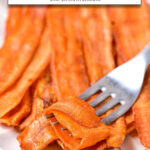 cooked carrot bacon on plate with fork and text overlay "carrot bacon in the air fryer".