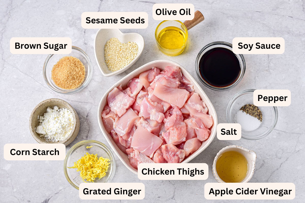 raw chicken and other ingredients in bowls with labels on a counter for making chicken teriyaki.