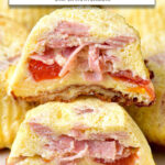 stacked ham and egg cups on plate with text overlay "ham & egg cups in the air fryer".