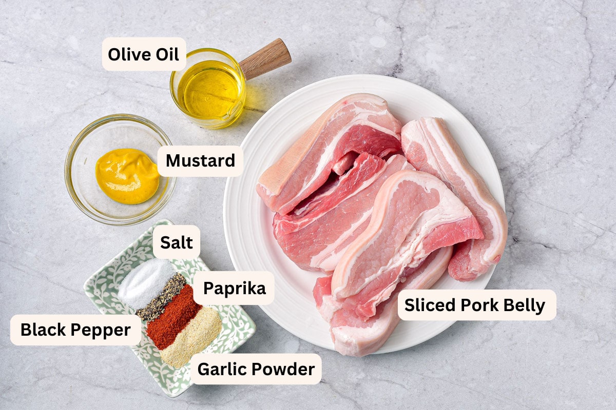 ingredients for pork belly in bowls or on a plate with labels on counter.