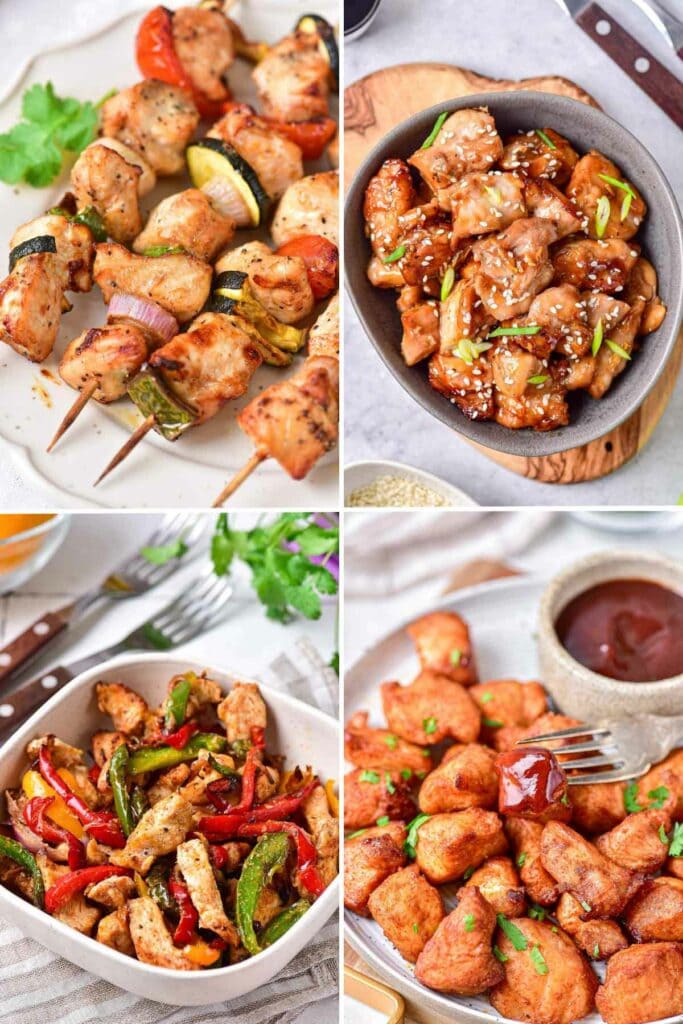 collage of photos of four dishes made with chicken in the air fryer.