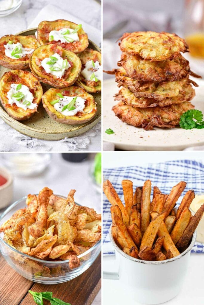 collage of four photos of potato dishes made in the air fryer.