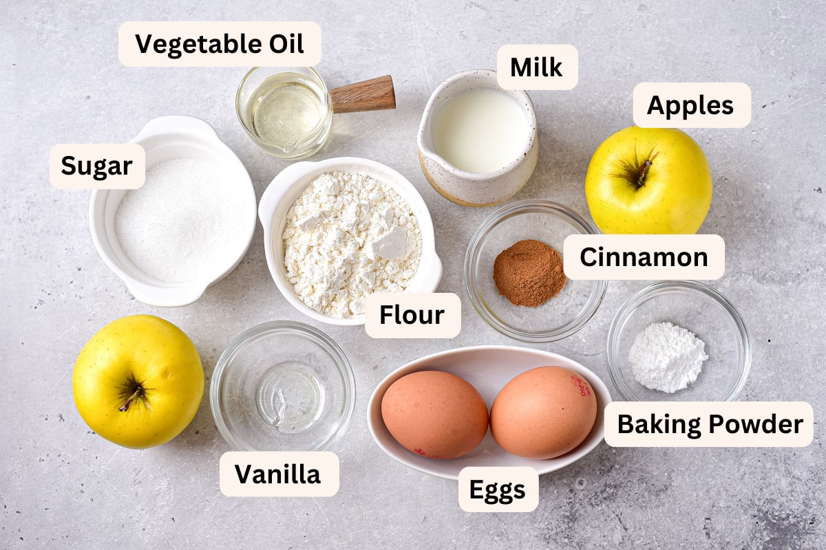 ingredients to make apple fritters in bowls on counter with labels.
