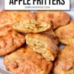 cooked apple fritters on plate with text overlay "air fryer apple fritters".