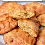 apple fritters stacked on plate with text overlay "apple fritters in the air fryer".