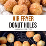 donut holes with sugar on plate and without sugar in air fryer plus text overlay "air fryer donut holes".