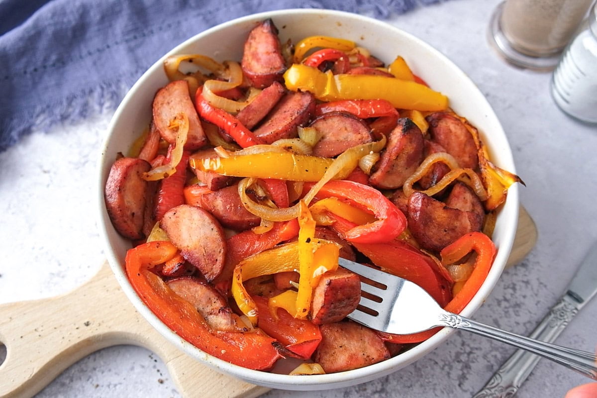 Air fryer kielbasa and peppers plated