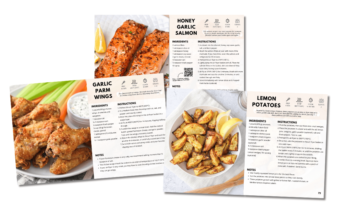 preview of pages from air fryer ebook including full page photos and recipes.