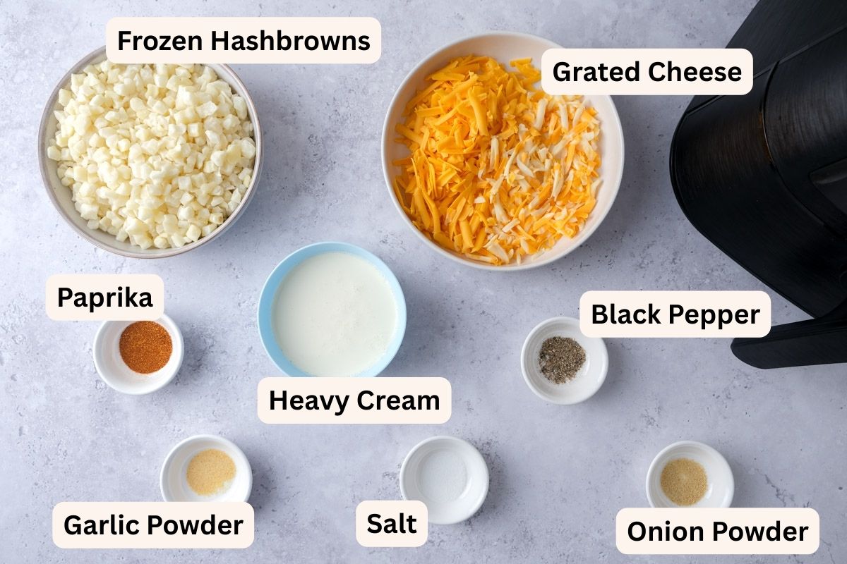 ingredients to make a cheesy potato bake in the air fryer on counter.