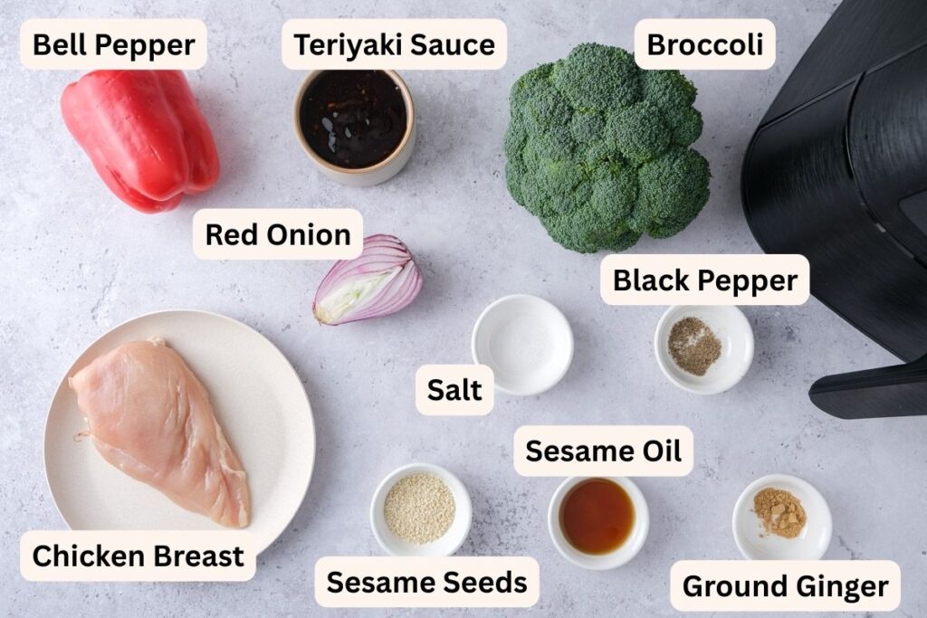 ingredients to make chicken teriyaki bowls on counter in bowls with labels.