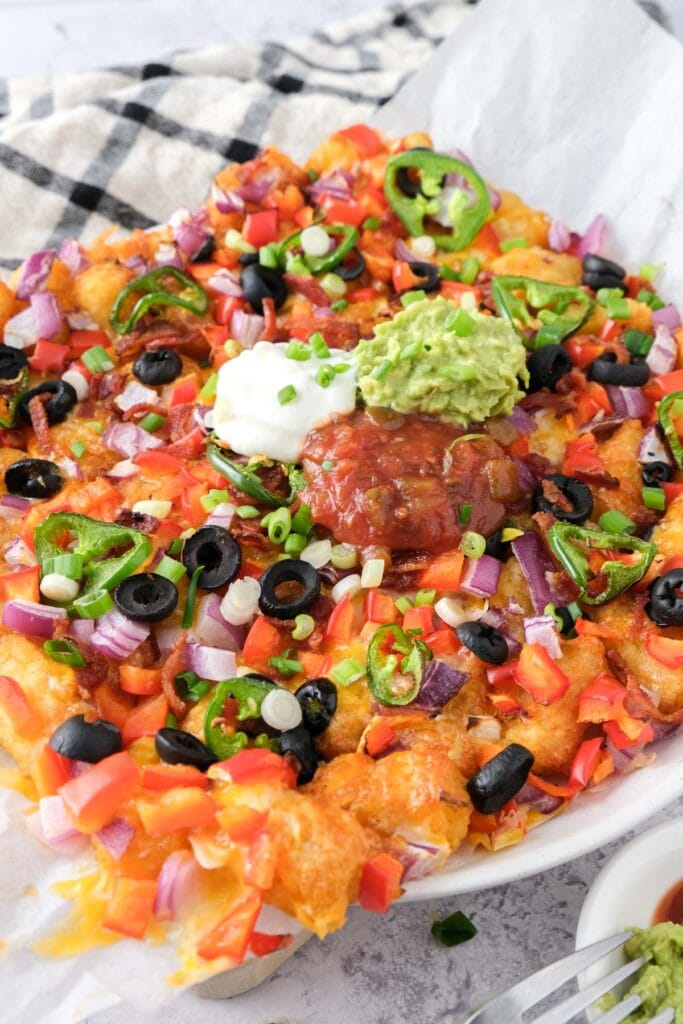 plate of loaded tater tots with salsa and sour cream on top.