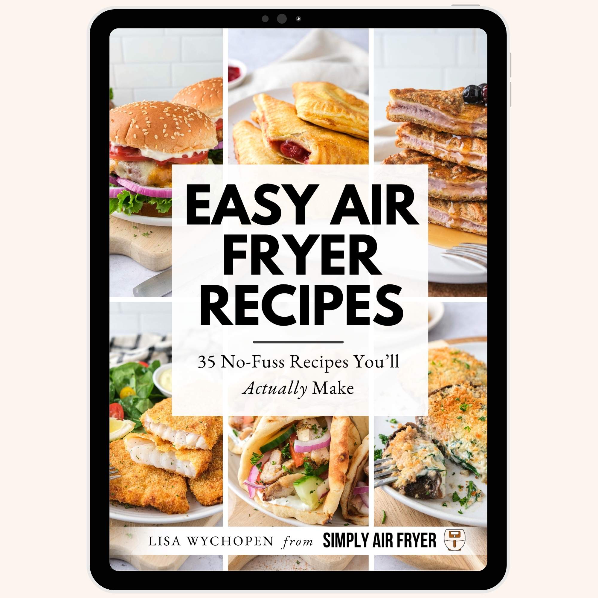 cover mock up of air fryer ebook on tablet.