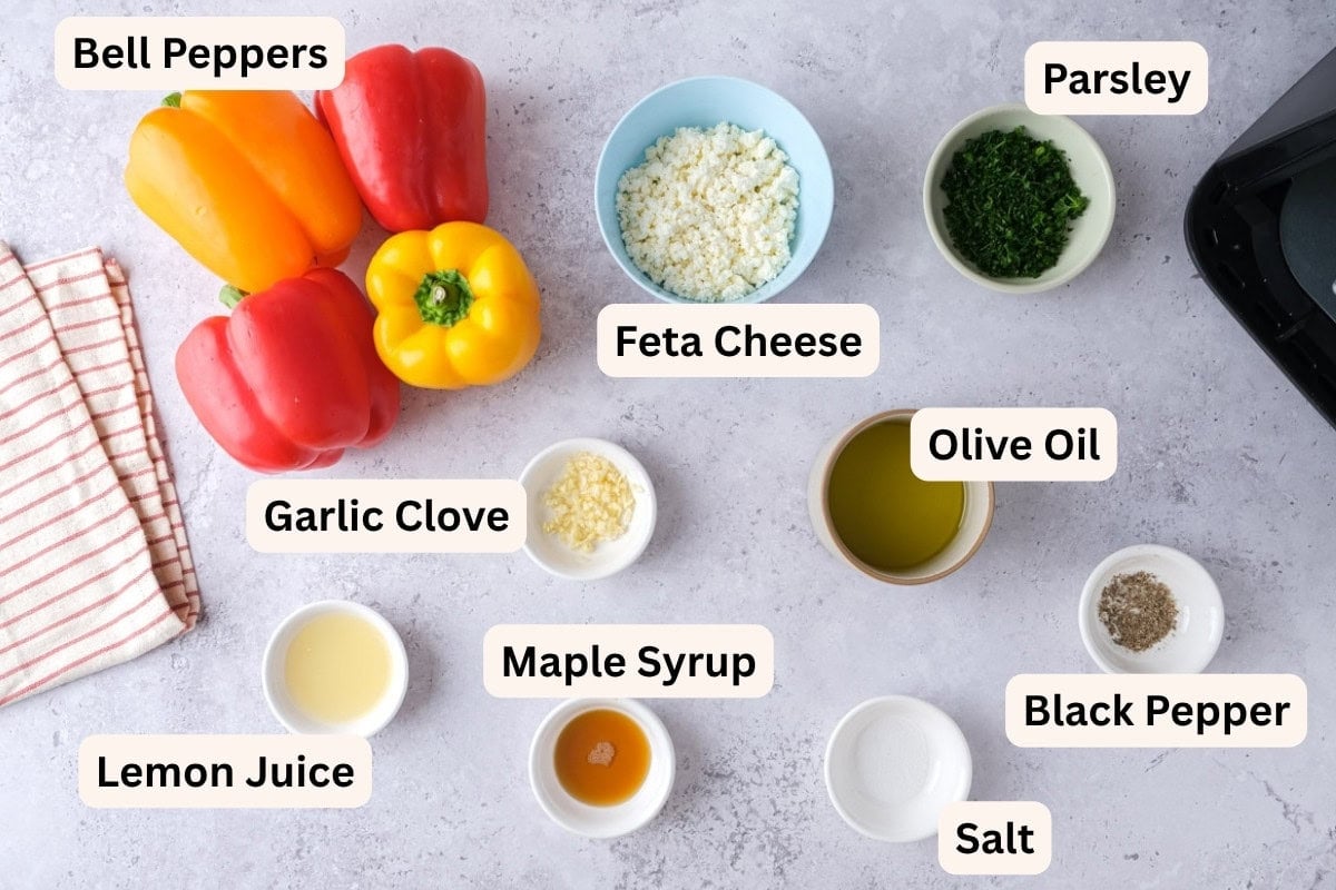 ingredient photo with text overlay for roasted pepper salad.
